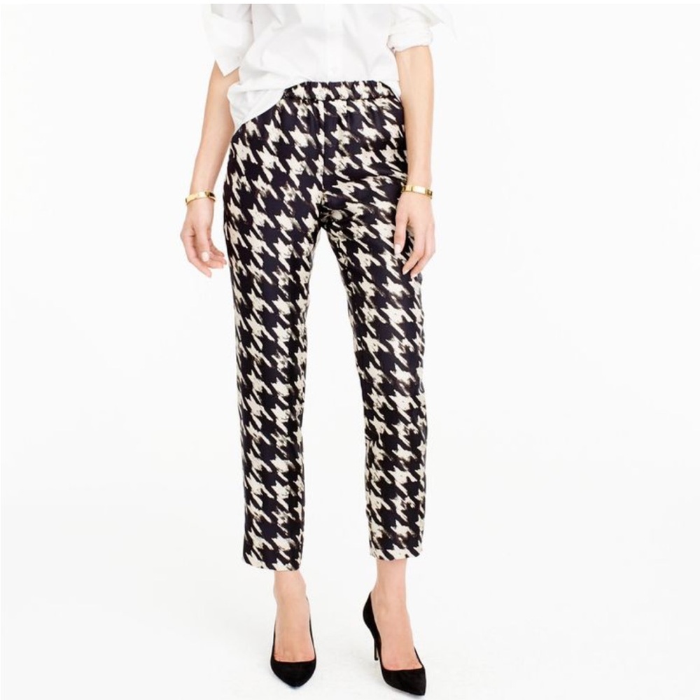 J.Crew Pull-on 100% Silk Twill Pant in Ivory Black Wolfstooth Houndstooth